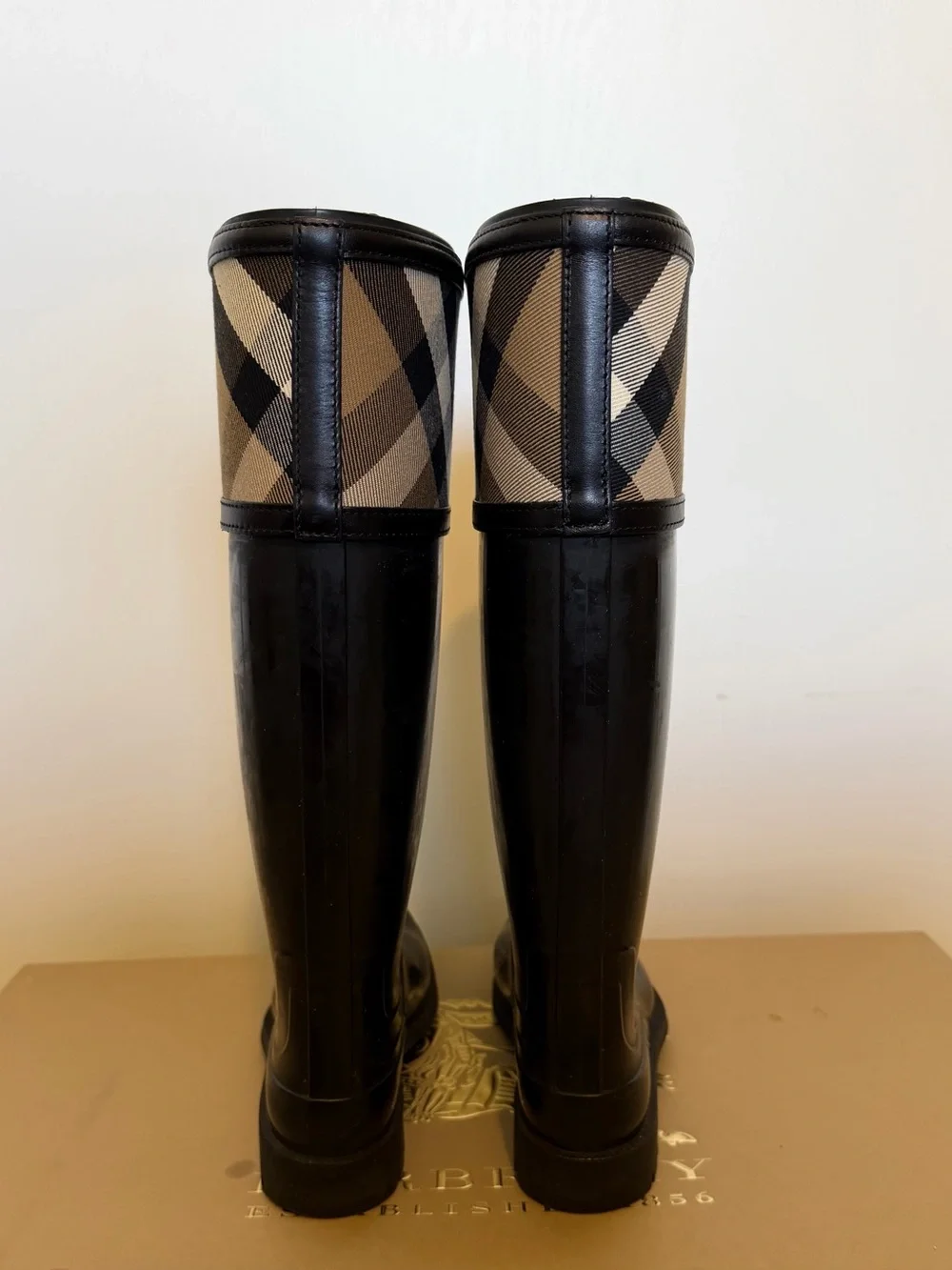 Burberry Black Rain Boots with Signature House Check Cuff